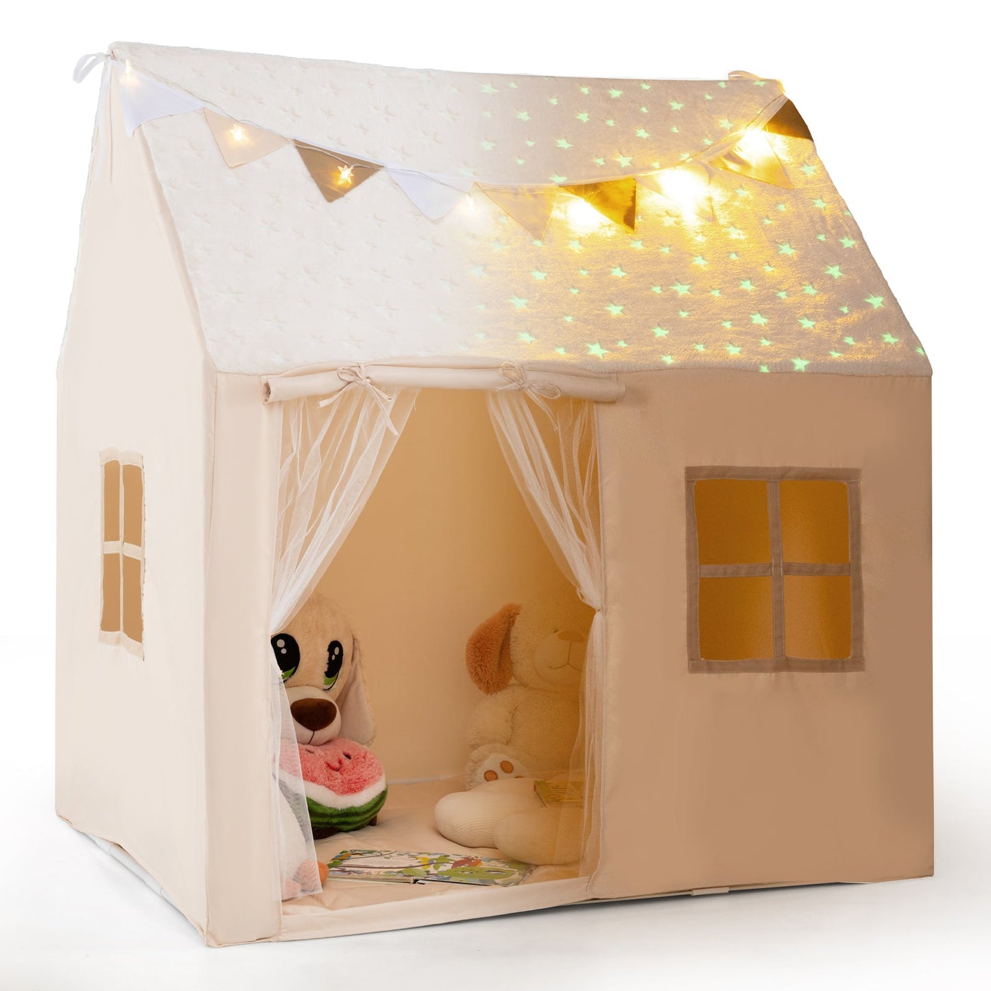 Kids Play Tent Large Playhouse with Glow in the Dark Stars and Mat-Beige