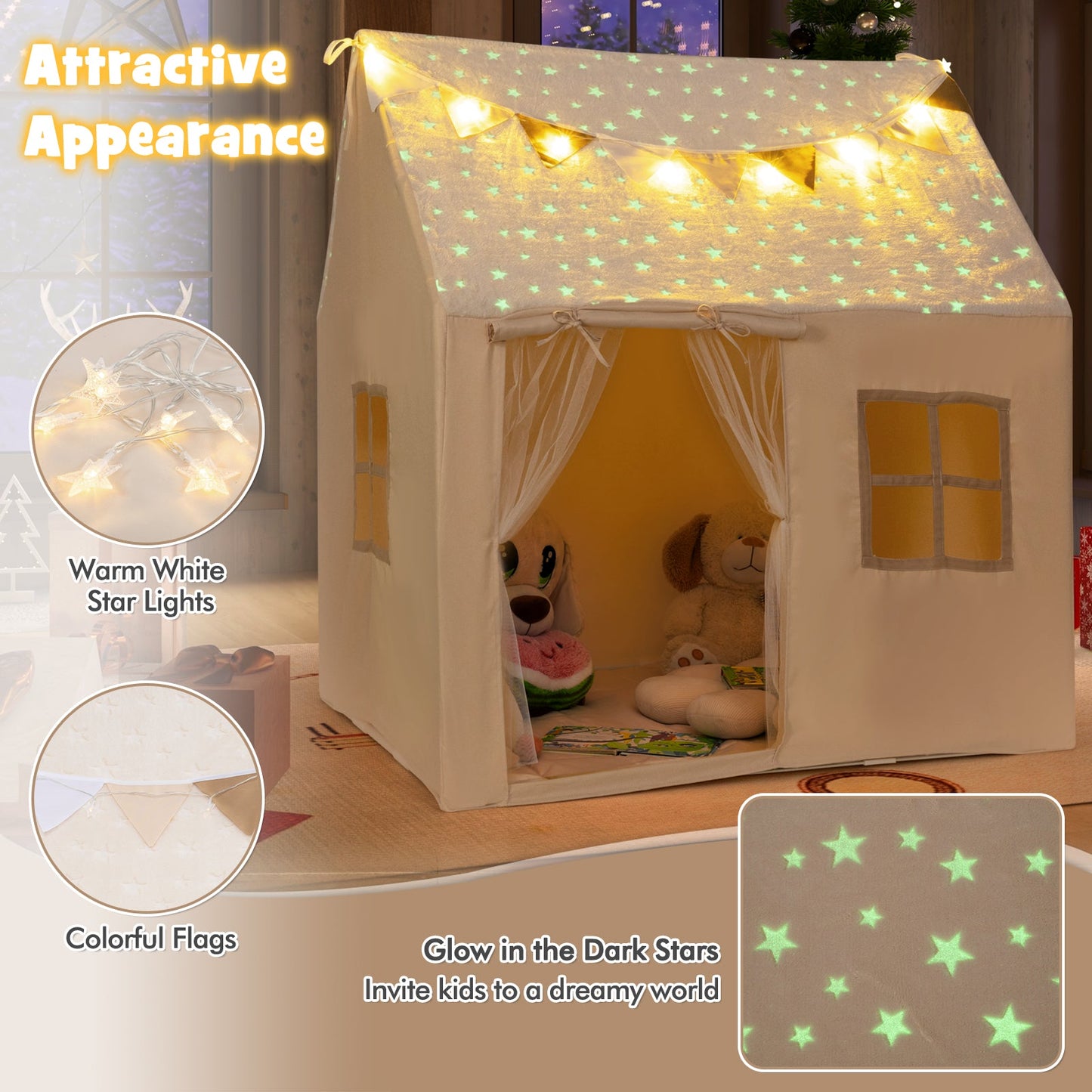 Kids Play Tent Large Playhouse with Glow in the Dark Stars and Mat-Beige