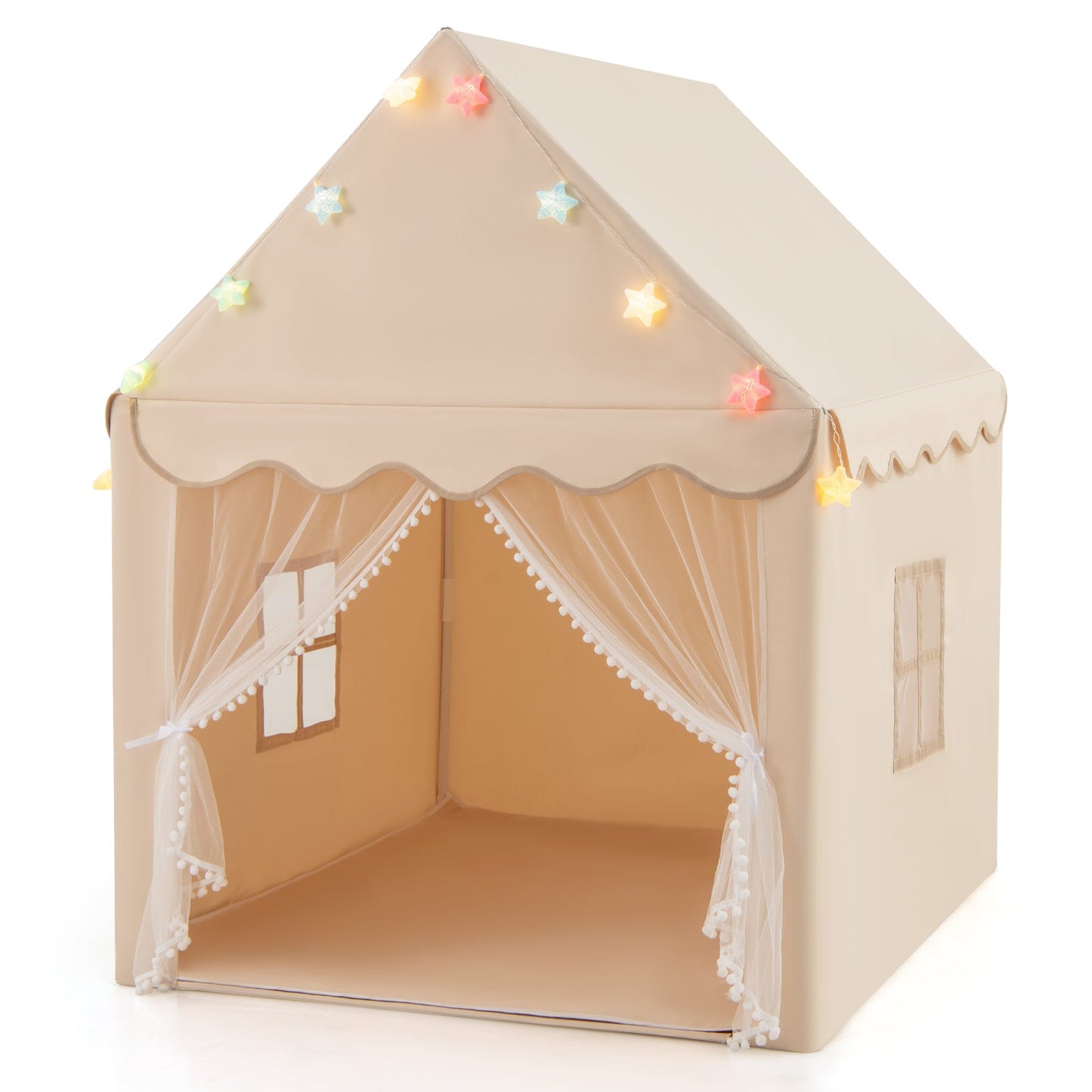 Kids Playhouse Tent with Star Lights and Mat-Beige