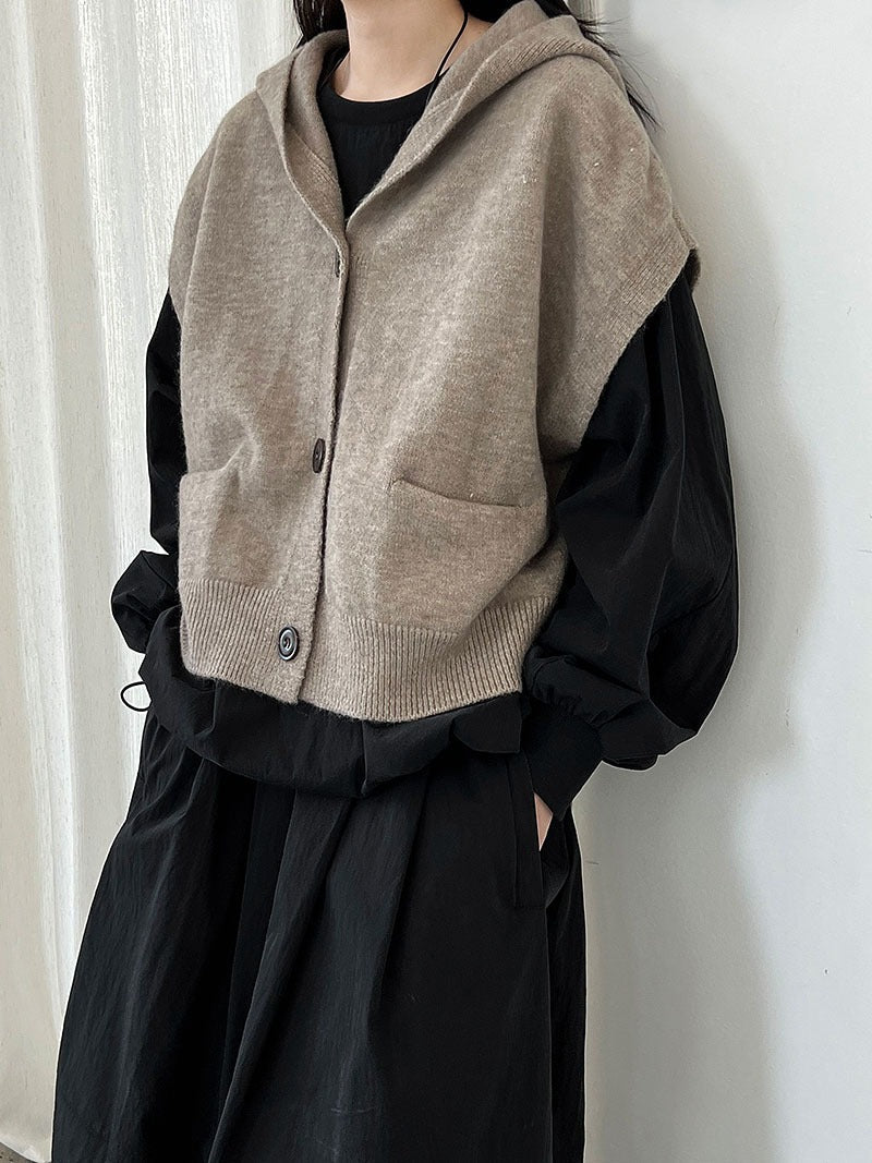 Loose Hooded Knitted Layered Cropped Vest