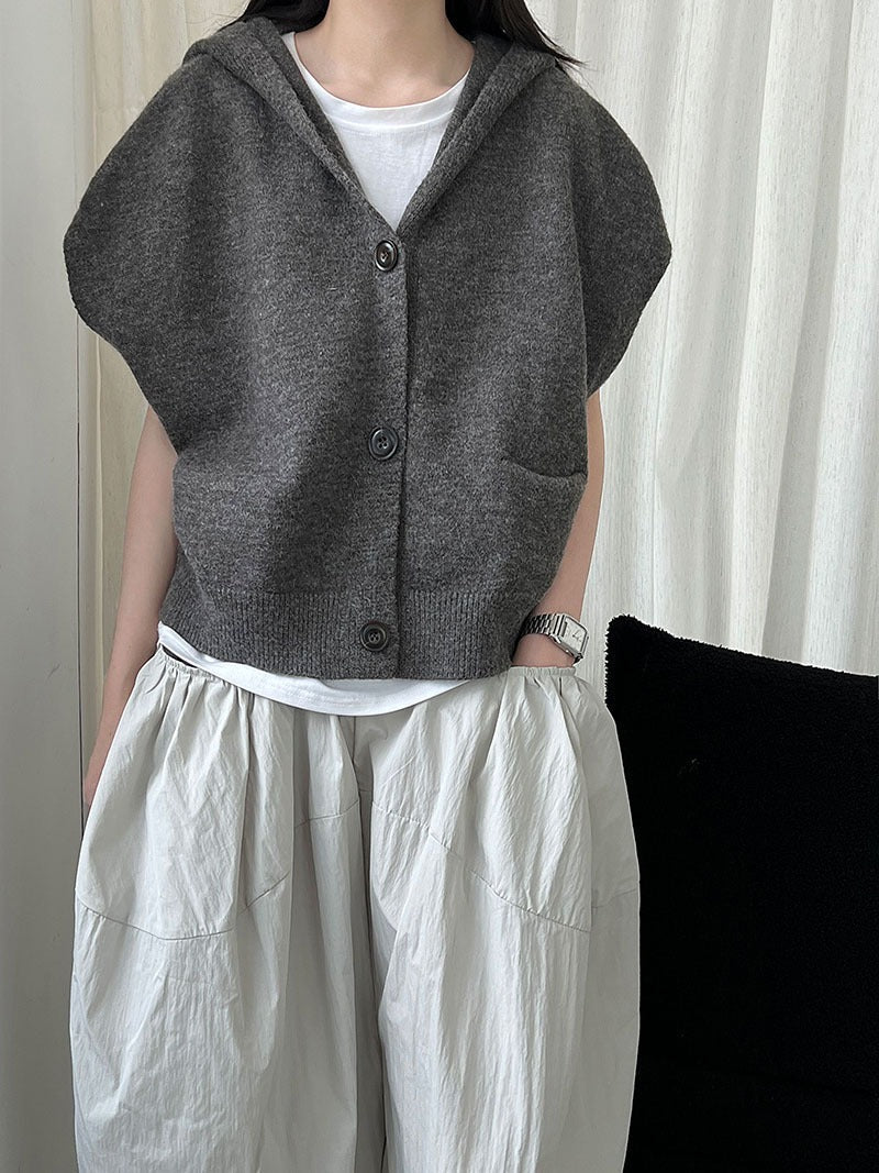 Loose Hooded Knitted Layered Cropped Vest