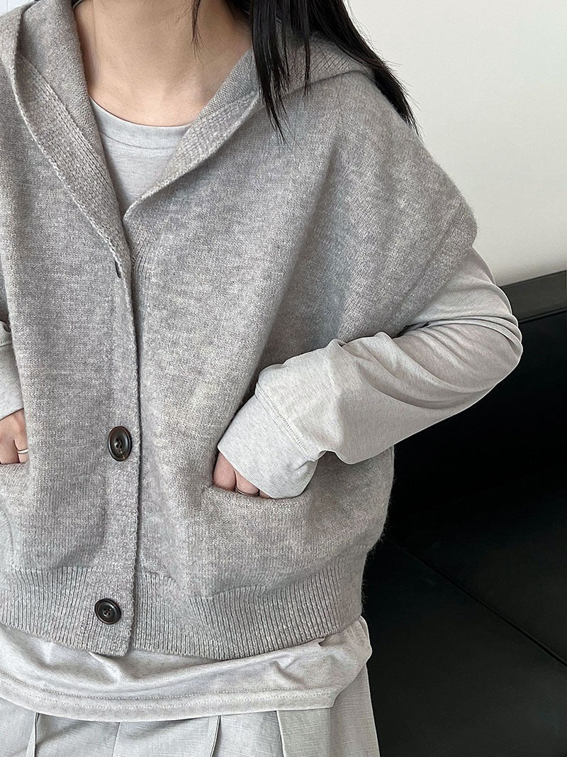 Loose Hooded Knitted Layered Cropped Vest