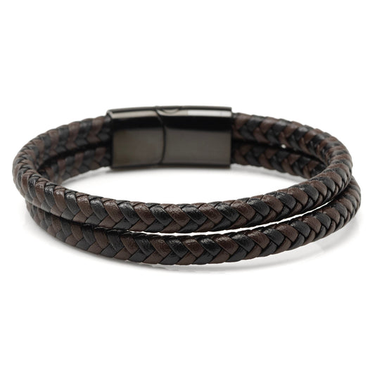 Black and Brown Braided Leather Bracelet with Gunmetal Stainless Steel Magnetic Clasp