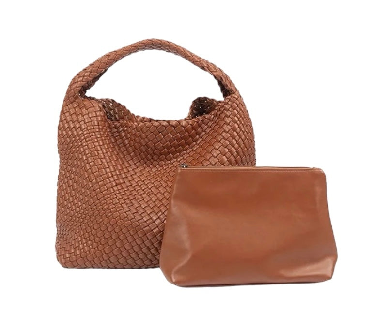The Willow | Large Woven Vegan Leather Tote - Brown
