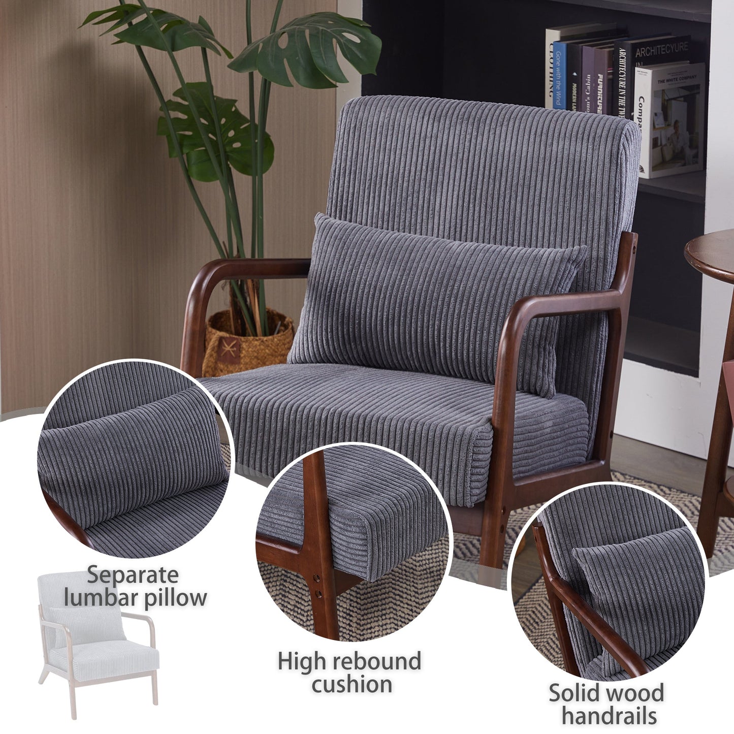 Mid-Century Modern Accent Chair with Pillow Upholstered in Antique Dark Grey Polyester and Solid Wood Frame(Antique Dark Grey)