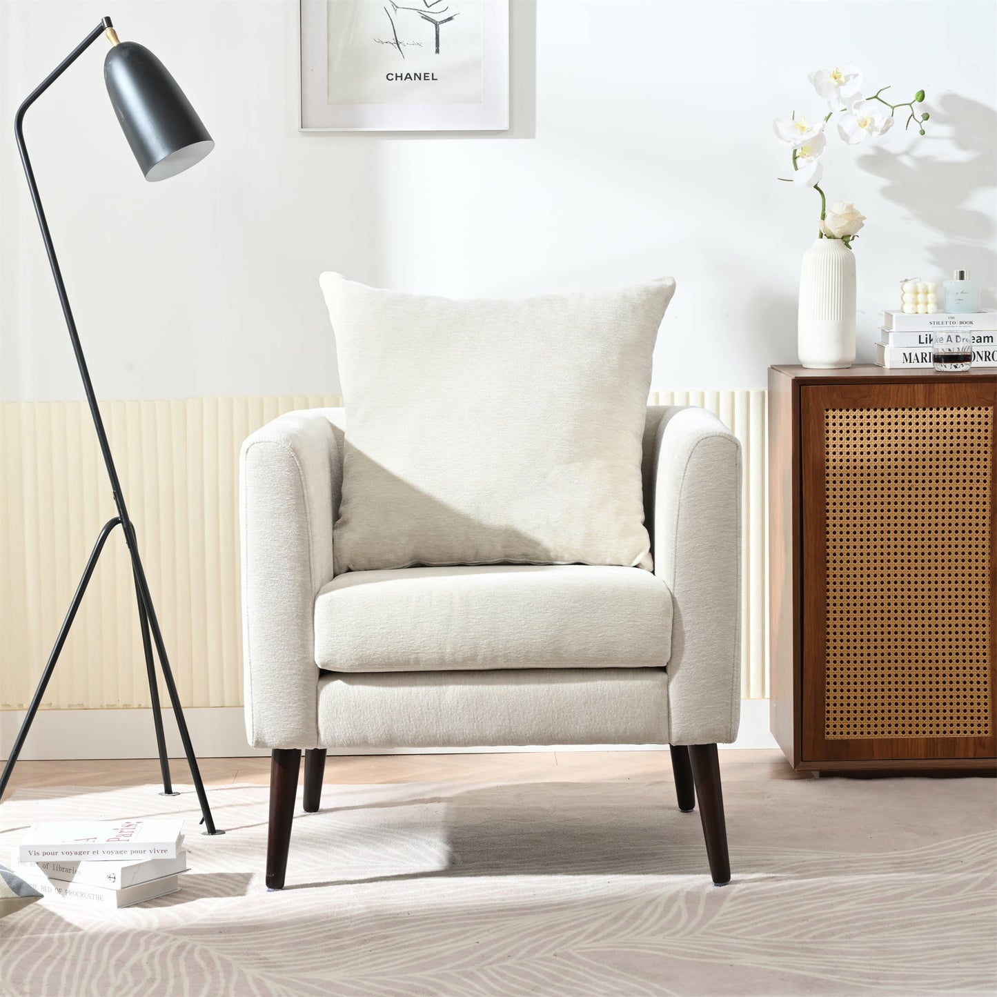 Modern Chenille Accent Chair, Upholstered Armchair for Living Room, Mid Century Fabric Lounge Chair w/Pillow, Comfortable Reading Chair with Wood Legs for Living Room, Bedroom, Reception Room (Beige)