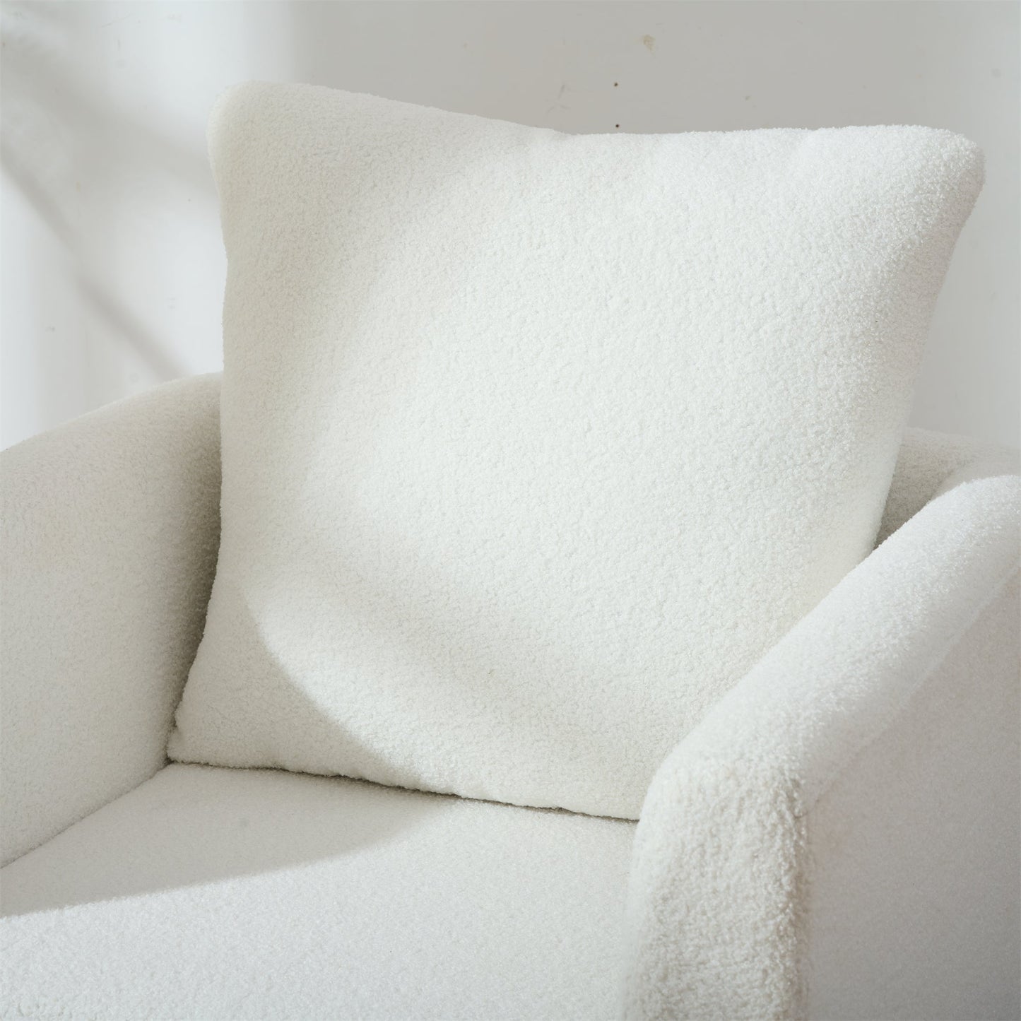 Modern Teddy Fabric Accent Chair - Mid-Century Upholstered Armchair with Pillow and Wood Legs for Living Room, Bedroom, or Reception Room - White