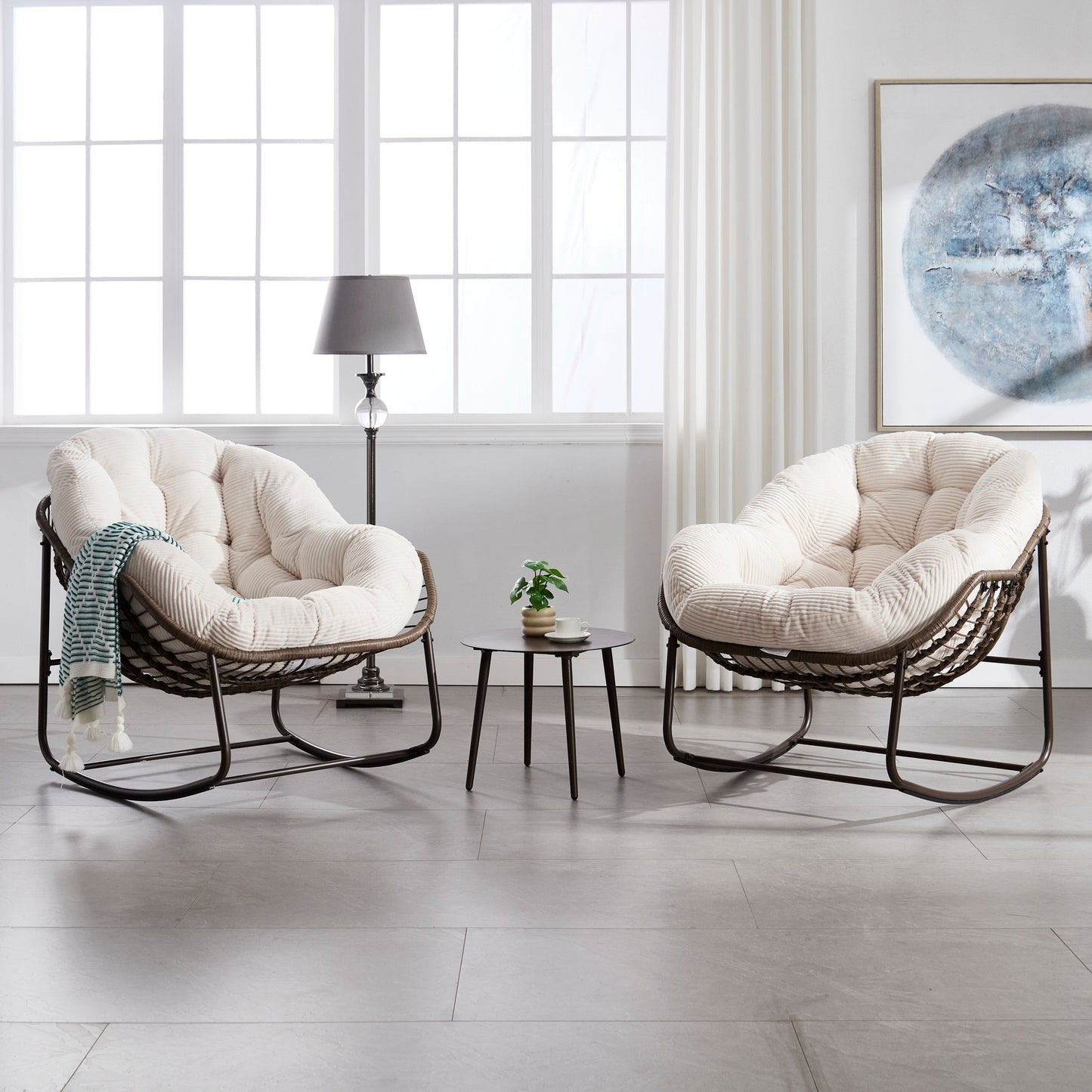 Outdoor Rattan Rocking Chair,Padded Cushion Rocker Recliner Chair Outdoor for Front Porch, Living Room, Patio, Garden, 
White