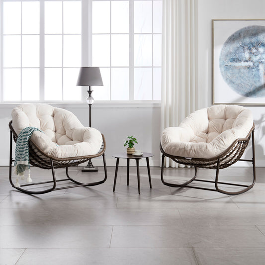 Outdoor Rattan Rocking Chair,Padded Cushion Rocker Recliner Chair Outdoor for Front Porch, Living Room, Patio, Garden, 
White