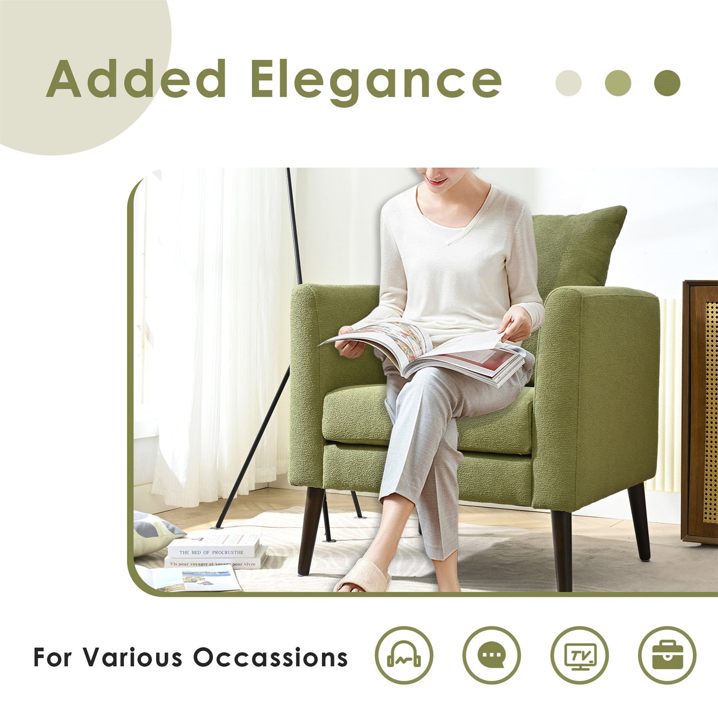 Modern Fabric Accent Chair, Upholstered Armchair for Living Room, Mid Century Fabric Lounge Chair w/Pillow, Comfortable Reading Chair with Wood Legs for Living Room, Bedroom, Reception Room (Olive)