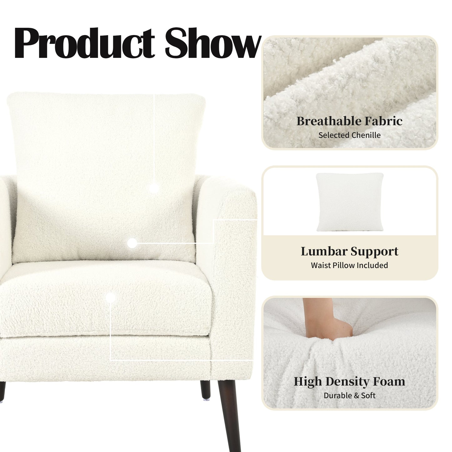 Modern Teddy Fabric Accent Chair - Mid-Century Upholstered Armchair with Pillow and Wood Legs for Living Room, Bedroom, or Reception Room - White