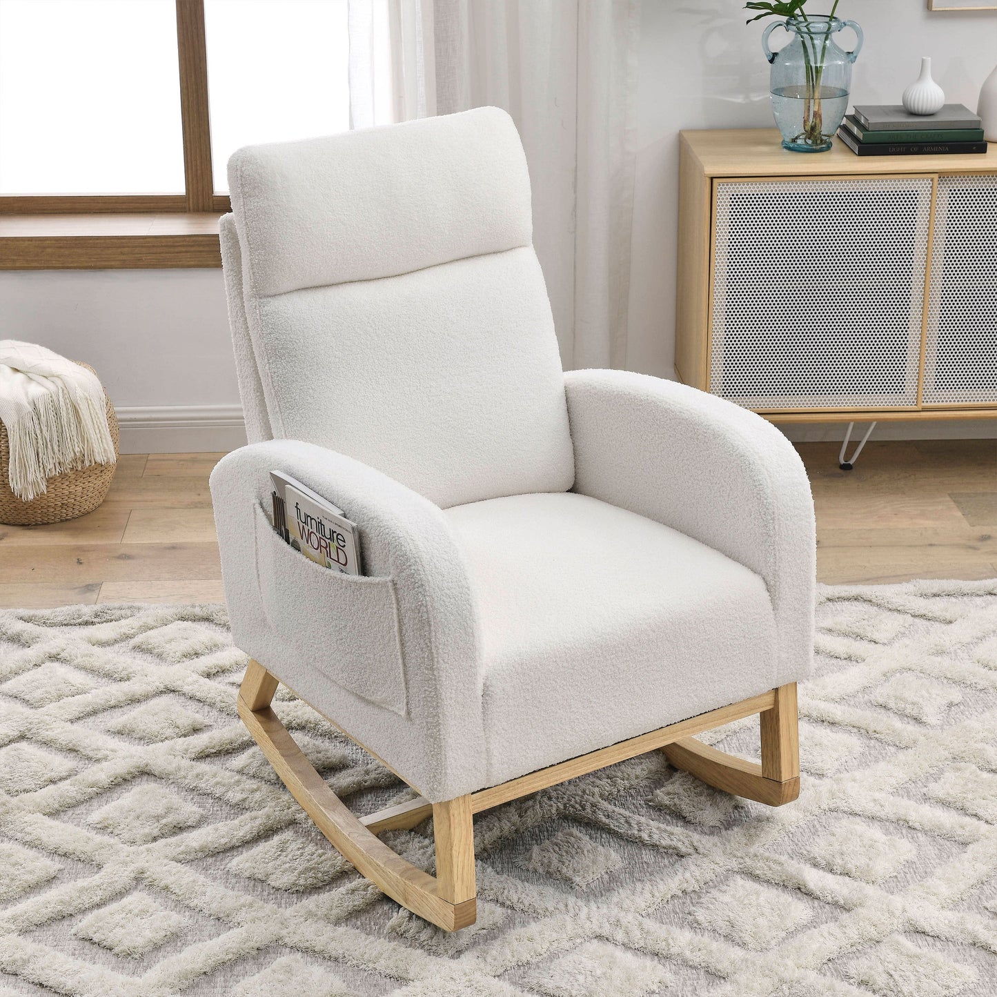 [Video] Welike 27.6'W Modern Accent High Backrest Living Room Lounge Arm Rocking Chair, Two Side Pocket ,Teddy White (Ivory)