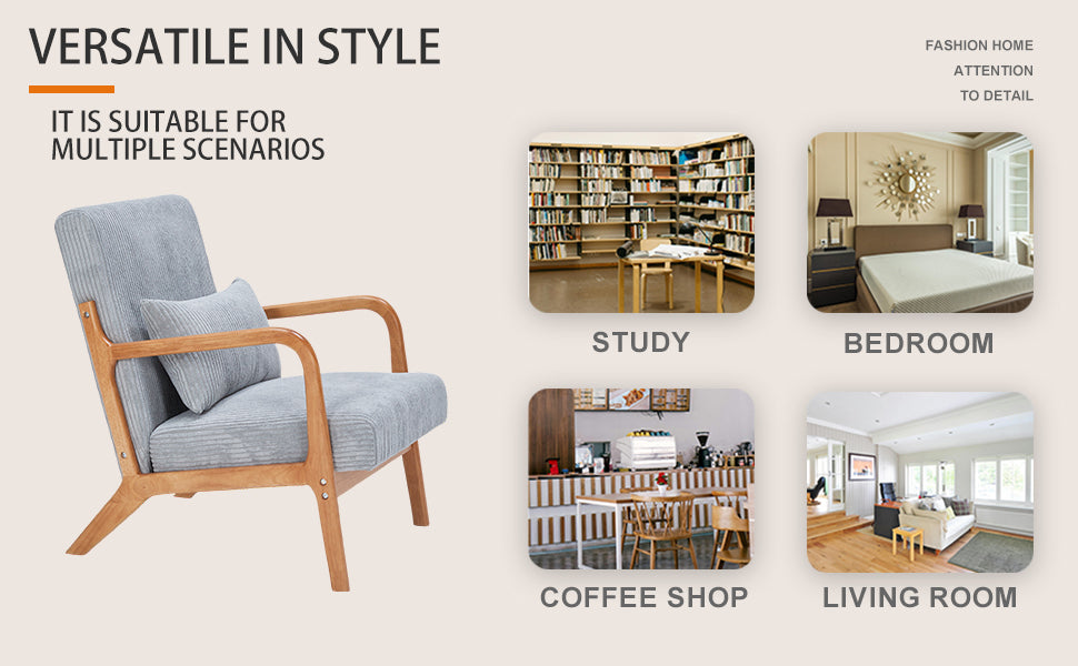 Mid-Century Modern Accent Chair with Pillow, Upholstered Arm Chair in Antique Dark Grey, Solid Wood Frame(Antique Dark Grey)