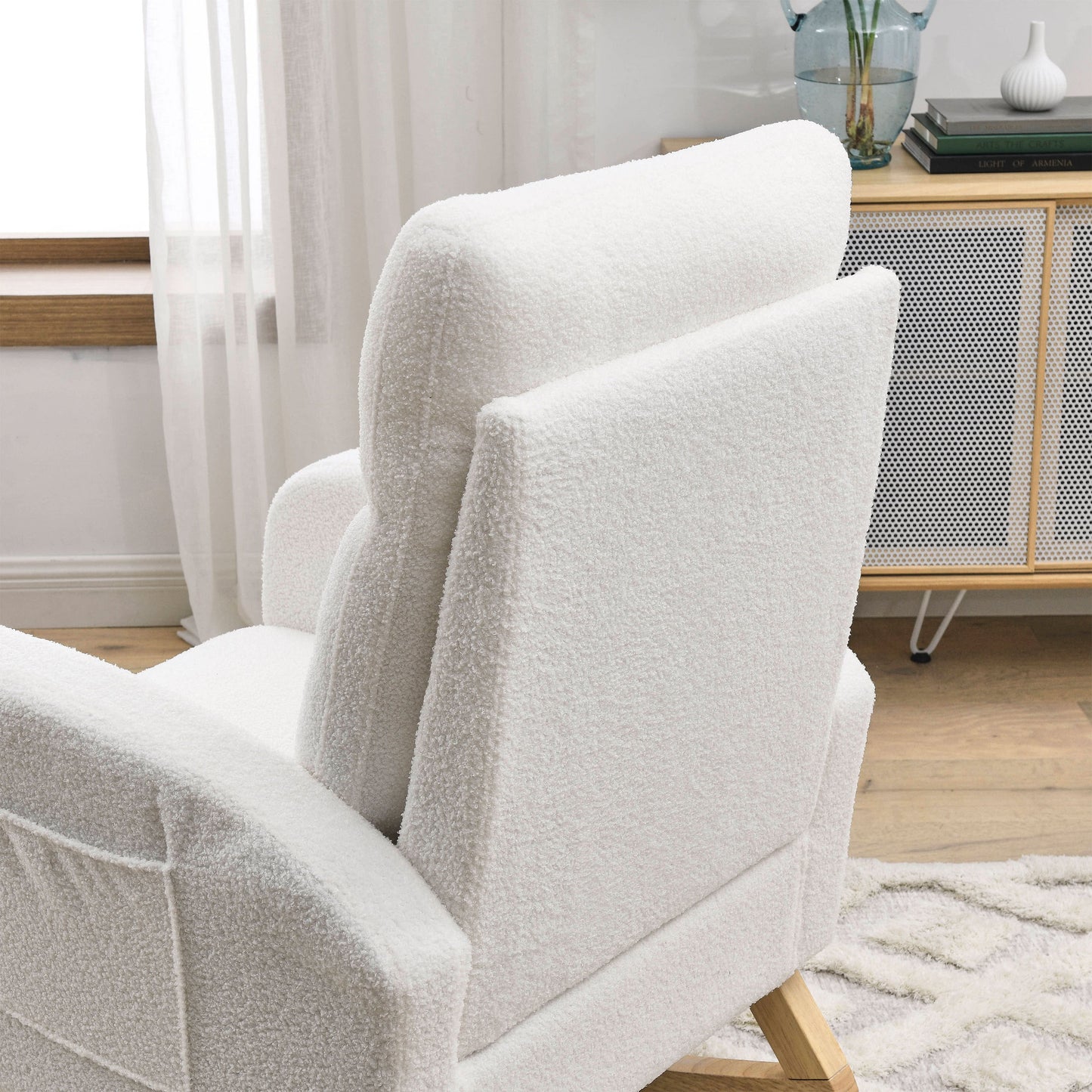 [Video] Welike 27.6'W Modern Accent High Backrest Living Room Lounge Arm Rocking Chair, Two Side Pocket ,Teddy White (Ivory)