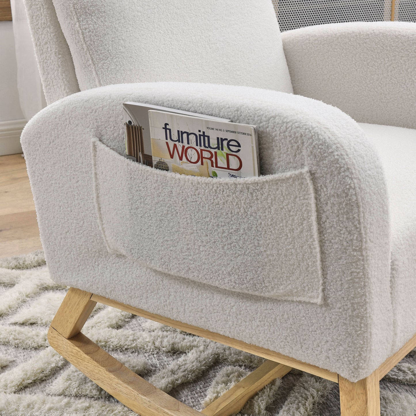 [Video] Welike 27.6'W Modern Accent High Backrest Living Room Lounge Arm Rocking Chair, Two Side Pocket ,Teddy White (Ivory)