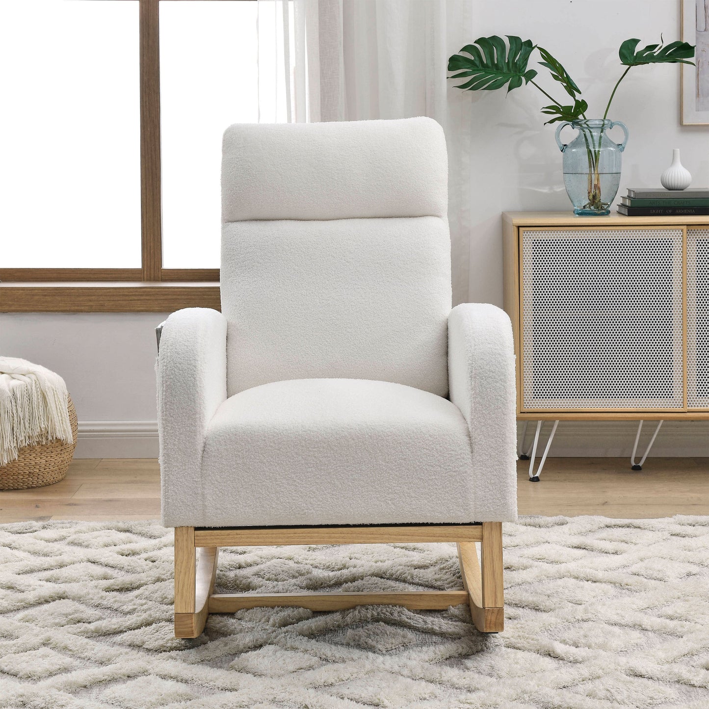 [Video] Welike 27.6'W Modern Accent High Backrest Living Room Lounge Arm Rocking Chair, Two Side Pocket ,Teddy White (Ivory)