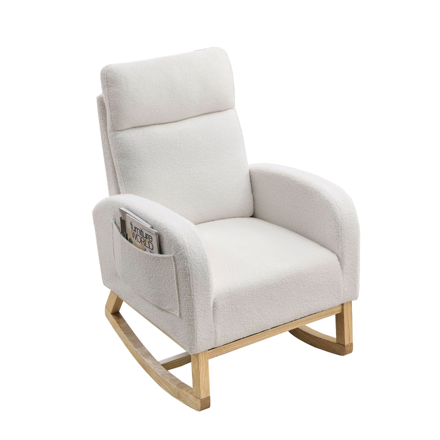 [Video] Welike 27.6'W Modern Accent High Backrest Living Room Lounge Arm Rocking Chair, Two Side Pocket ,Teddy White (Ivory)