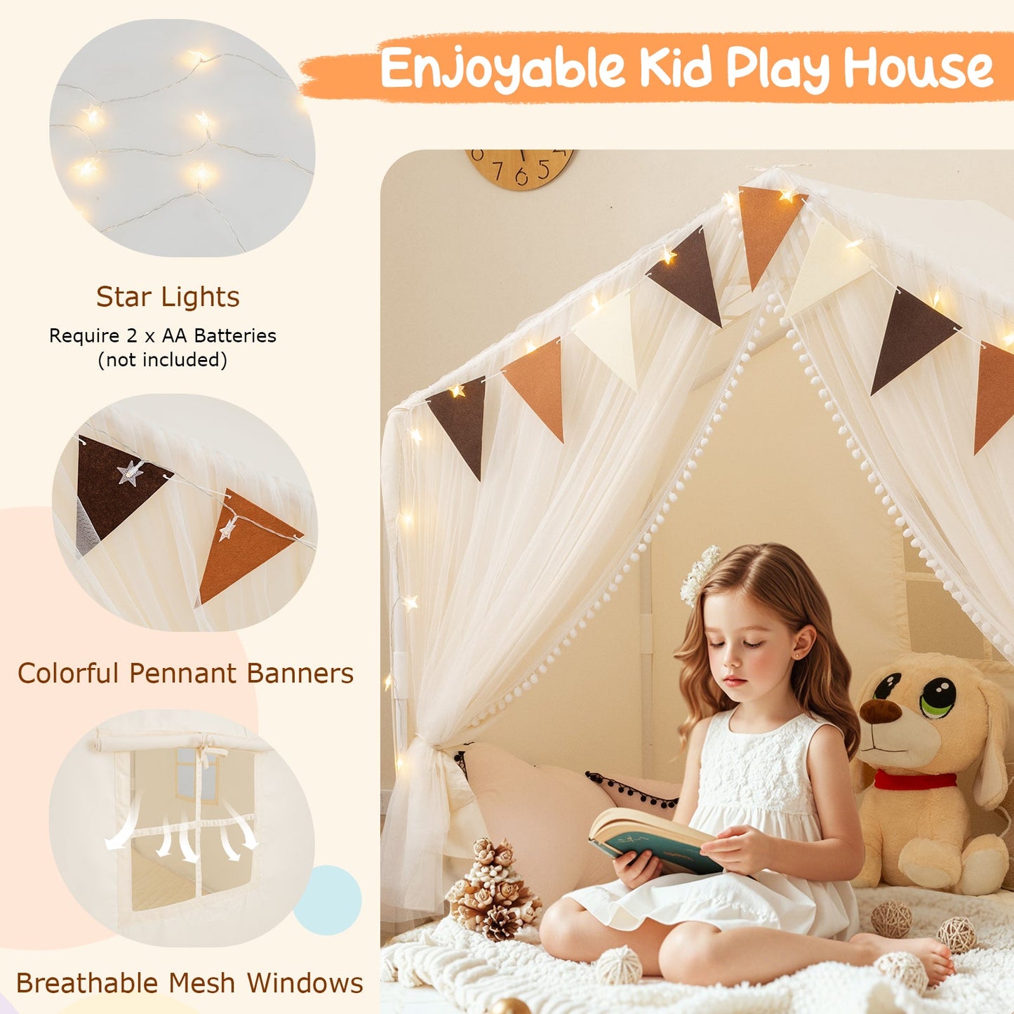 Large Toddler Playhouse Tent with Door Curtains Windows-Beige