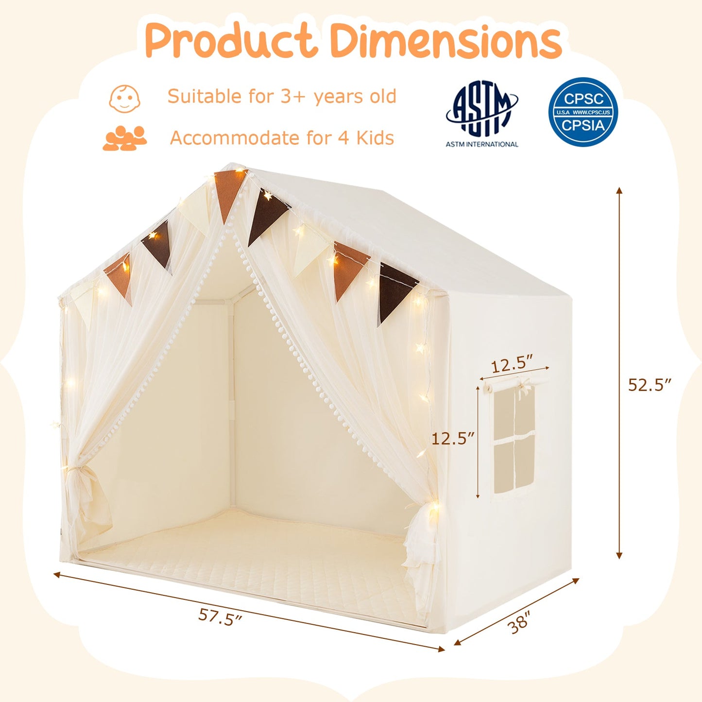 Large Toddler Playhouse Tent with Door Curtains Windows-Beige