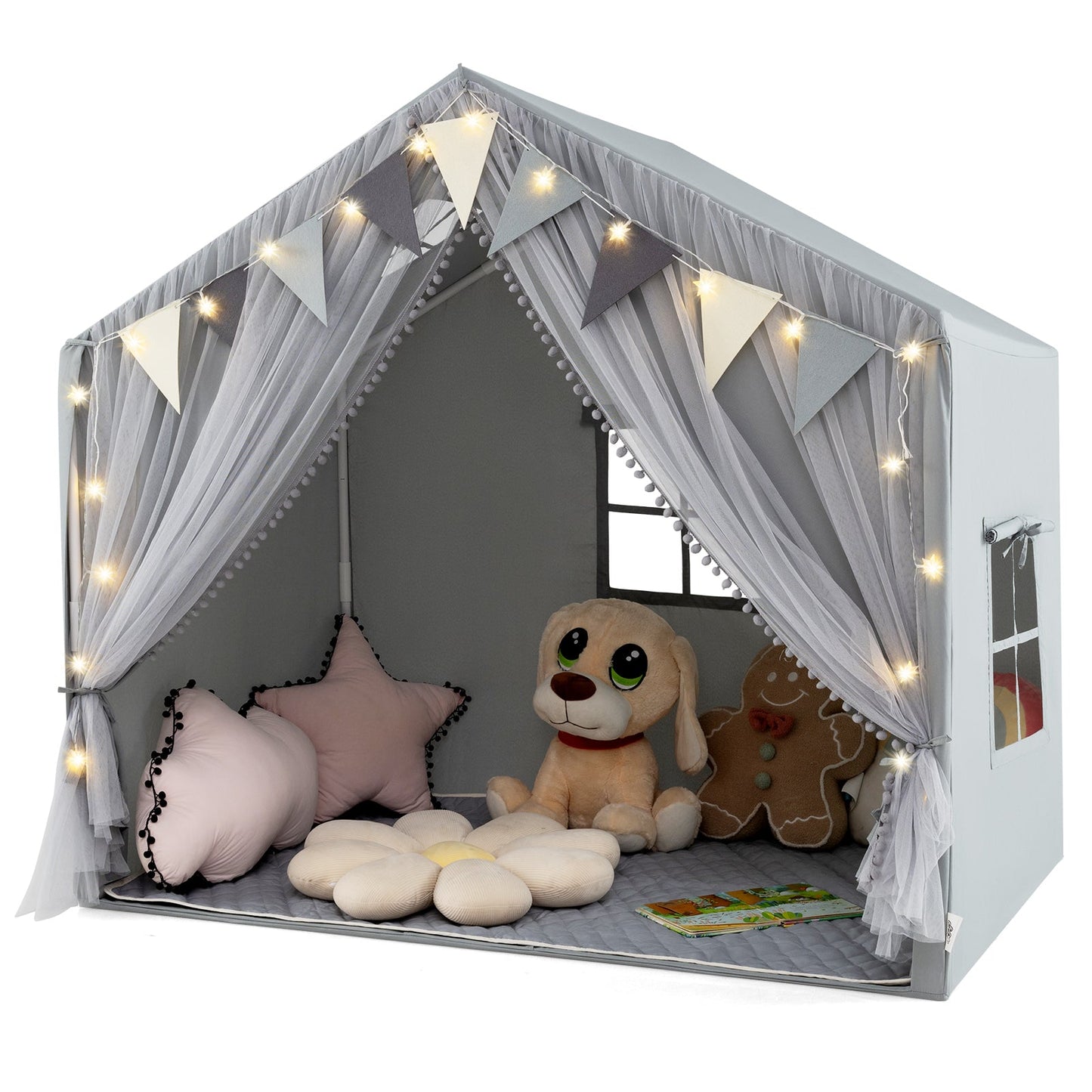 Large Toddler Playhouse Tent with Door Curtains Windows-Gray