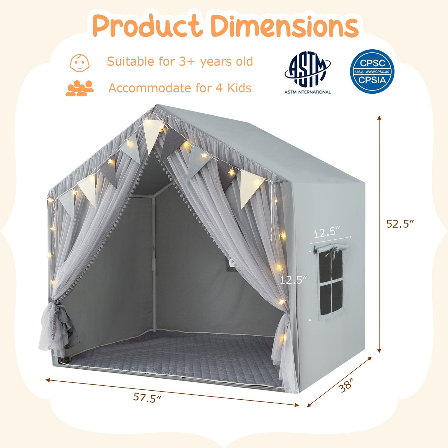Large Toddler Playhouse Tent with Door Curtains Windows-Gray